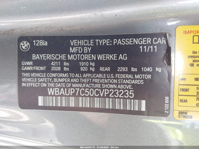 Aukcja sprzedaży 2012 Bmw 128i, vin: WBAUP7C50CVP23235, numer aukcji: 44252175