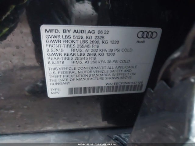 44252195 :رقم المزاد ، WA1EECF3XN1147108 vin ، 2022 Audi Q3 Premium Plus 45 Tfsi S Line Quattro Tiptronic مزاد بيع