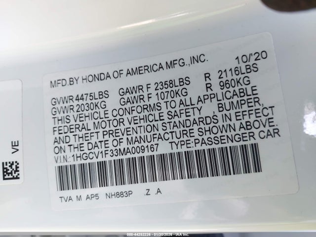 1HGCV1F33MA009167 Honda Accord Sport