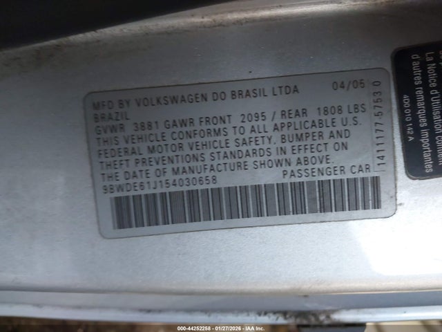 Aukcja sprzedaży 2005 Volkswagen Gti 1.8t, vin: 9BWDE61J154030658, numer aukcji: 44252258