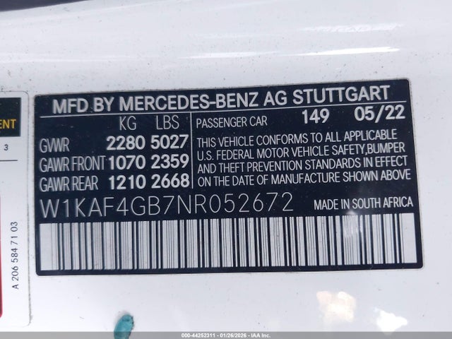 W1KAF4GB7NR052672 Mercedes-Benz C 300 Sedan
