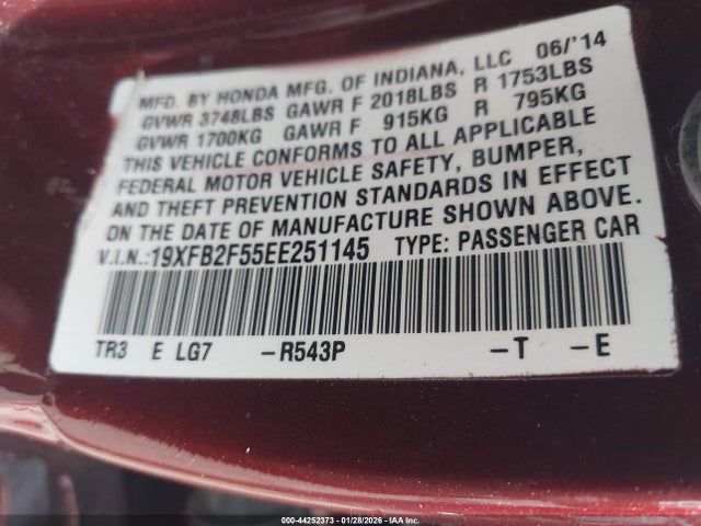 2014 Honda Civic Lx მანქანა იყიდება აუქციონზე, vin: 19XFB2F55EE251145, აუქციონის ნომერი: 44252373