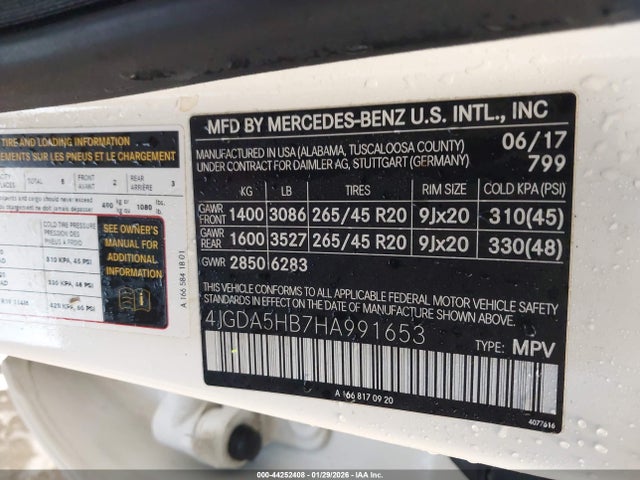 44252408 :رقم المزاد ، 4JGDA5HB7HA991653 vin ، 2017 Mercedes-benz Gle 350 4matic مزاد بيع