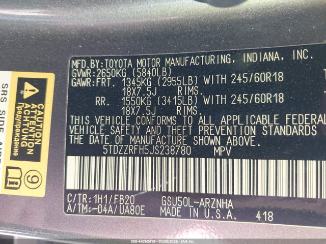 5TDZZRFH5JS238780 Toyota Highlander Le