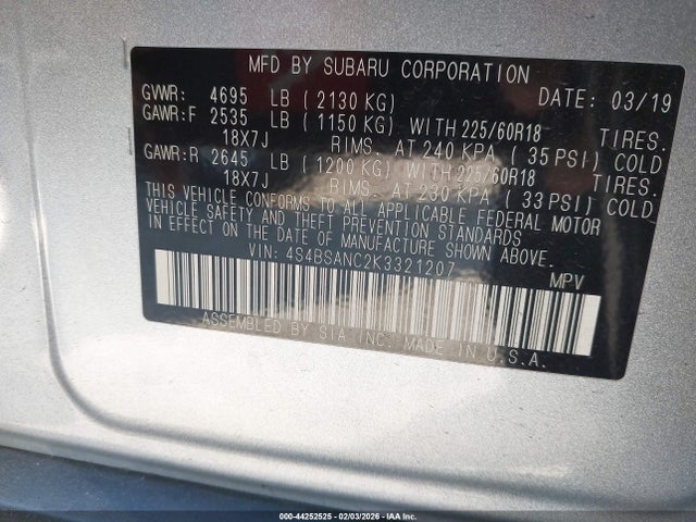 Subaru Outback 2.5i Limited 2019 4S4BSANC2K3321207 Image 9
