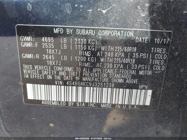Продаж на аукціоні авто 2018 Subaru Outback 2.5i Limited, vin: 4S4BSAKC9J3251238, номер лоту: 44252556