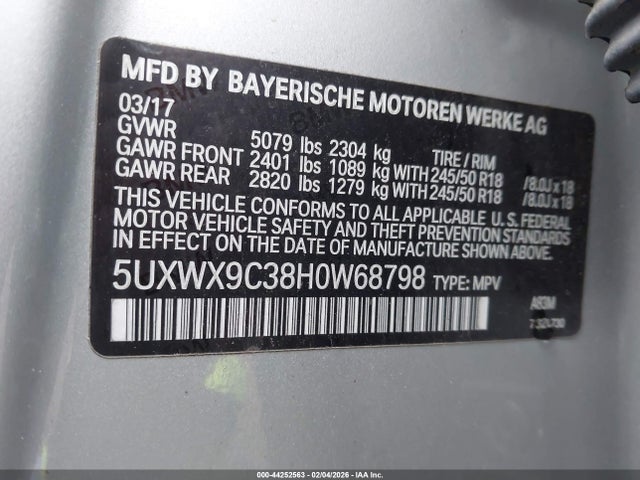 Aukcja sprzedaży 2017 Bmw X3 Xdrive28i, vin: 5UXWX9C38H0W68798, numer aukcji: 44252563