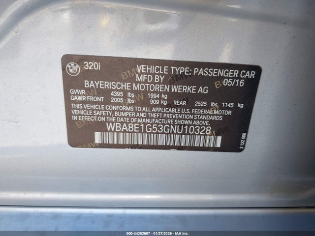 Продажа на аукционе авто 2016 Bmw 320i, vin: WBA8E1G53GNU10328, номер лота: 44252607