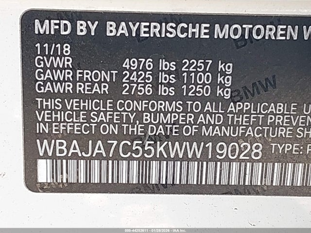 44252611 :رقم المزاد ، WBAJA7C55KWW19028 vin ، 2019 Bmw 530i Xdrive مزاد بيع
