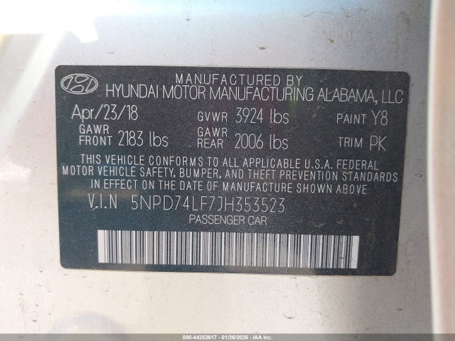 5NPD74LF7JH353523 Hyundai ELANTRA SE