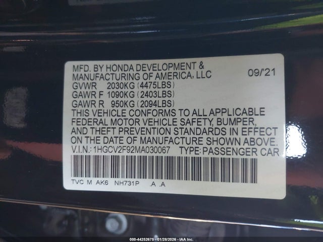 1HGCV2F92MA030067 Honda Accord Touring