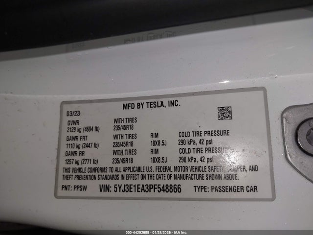 Aukcja sprzedaży 2023 Tesla Model 3 Rear-wheel Drive, vin: 5YJ3E1EA3PF548866, numer aukcji: 44252689