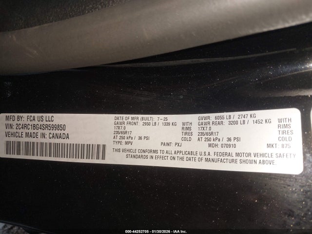 44252705 :رقم المزاد ، 2C4RC1BG4SR599850 vin ، 2025 Chrysler Pacifica Select مزاد بيع