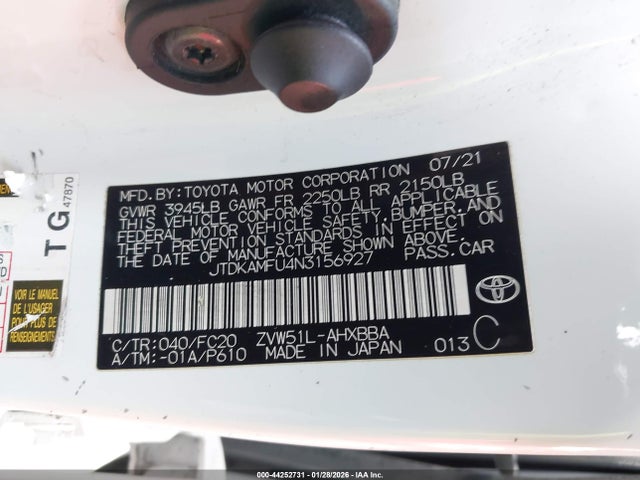 JTDKAMFU4N3156927 Toyota Prius L
