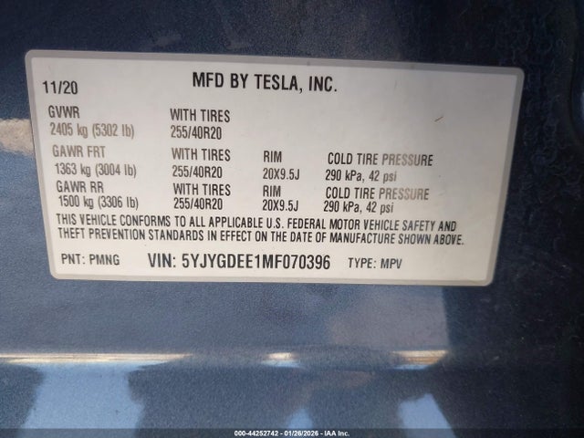 44252742 :رقم المزاد ، 5YJYGDEE1MF070396 vin ، 2021 Tesla Model Y Long Range Dual Motor All-wheel Drive مزاد بيع