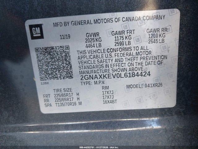 2GNAXKEV0L6184424 Chevrolet Equinox Fwd Lt 1.5l Turbo