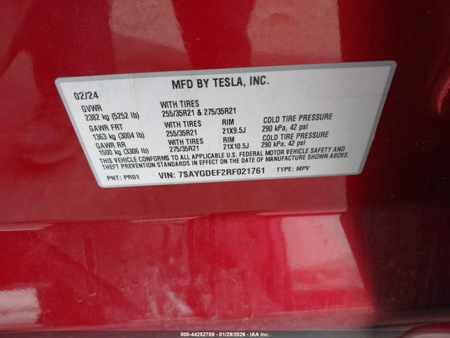 44252789 :رقم المزاد ، 7SAYGDEF2RF021761 vin ، 2024 Tesla Model Y Performance Dual Motor All-wheel Drive مزاد بيع
