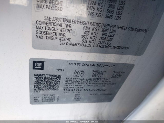 Aukcja sprzedaży 2020 Chevrolet Silverado 1500 4wd  Short Bed Ltz, vin: 1GCUYGED1LZ179292, numer aukcji: 44252822