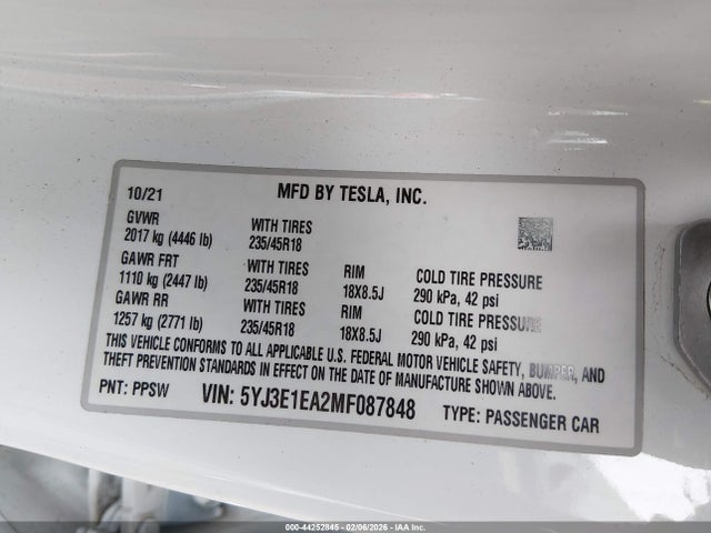 Aukcja sprzedaży 2021 Tesla Model 3 Standard Range Plus Rear-wheel Drive, vin: 5YJ3E1EA2MF087848, numer aukcji: 44252845