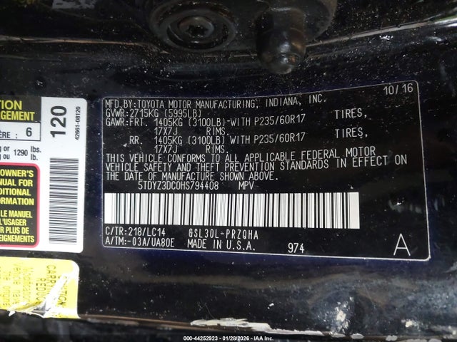 44252923 :رقم المزاد ، 5TDYZ3DC0HS794408 vin ، 2017 Toyota Sienna Xle Premium 8 Passenger مزاد بيع