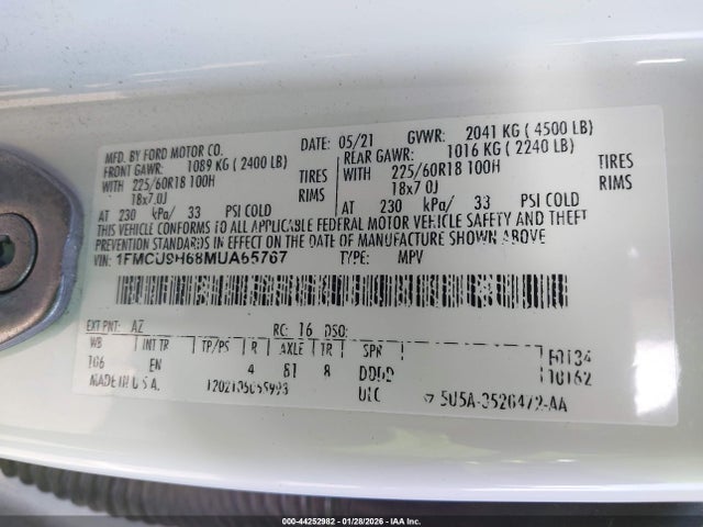 1FMCU9H68MUA65767 Ford ESCAPE SEL