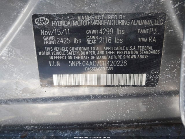 2012 Hyundai Sonata Se მანქანა იყიდება აუქციონზე, vin: 5NPEC4AC7CH420228, აუქციონის ნომერი: 44252989