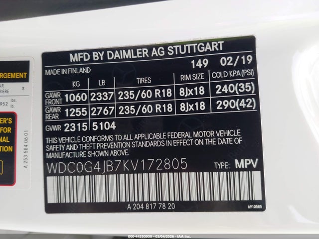 44253038 :رقم المزاد ، WDC0G4JB7KV172805 vin ، 2019 Mercedes-benz Glc 300 مزاد بيع
