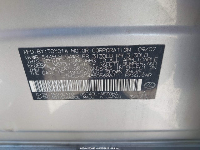 Aukcja sprzedaży 2008 Lexus Ls 460, vin: JTHBL46F485056863, numer aukcji: 44253045
