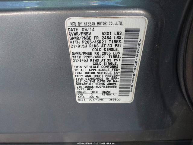 44253083 :رقم المزاد ، JN8CS1MU9FM380858 vin ، 2015 Infiniti Qx70 مزاد بيع