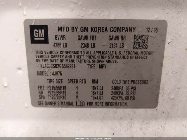 Aukcja sprzedaży 2016 Buick Encore Leather, vin: KL4CJCSB3GB582291, numer aukcji: 44253100