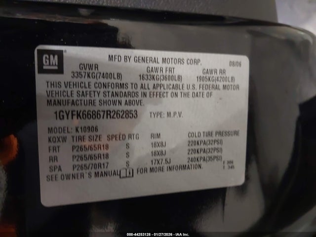 44253128 :رقم المزاد ، 1GYFK66867R262853 vin ، 2007 Cadillac Escalade Esv Standard مزاد بيع