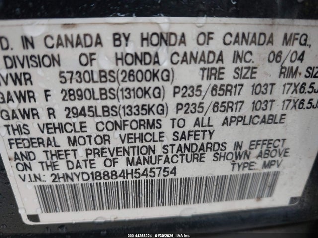 44253224 :رقم المزاد ، 2HNYD18884H545754 vin ، 2004 Acura Mdx مزاد بيع
