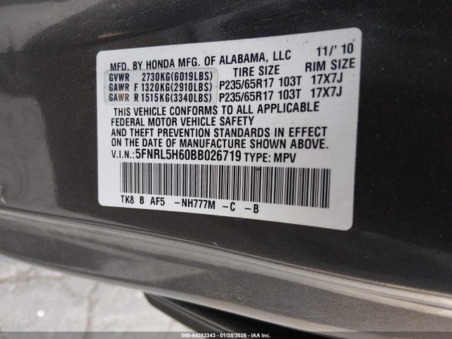 Aukcja sprzedaży 2011 Honda Odyssey Ex-l, vin: 5FNRL5H60BB026719, numer aukcji: 44253343