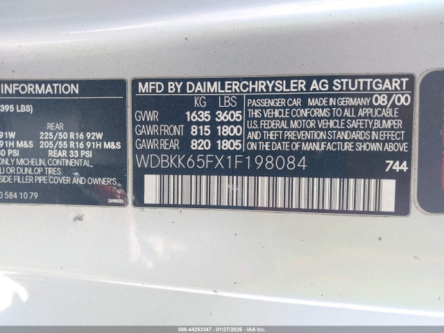 44253347 :رقم المزاد ، WDBKK65FX1F198084 vin ، 2001 Mercedes-benz Slk 320 مزاد بيع
