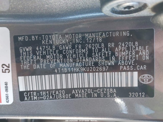 4T1B11HK9KU202697 Toyota CAMRY SE