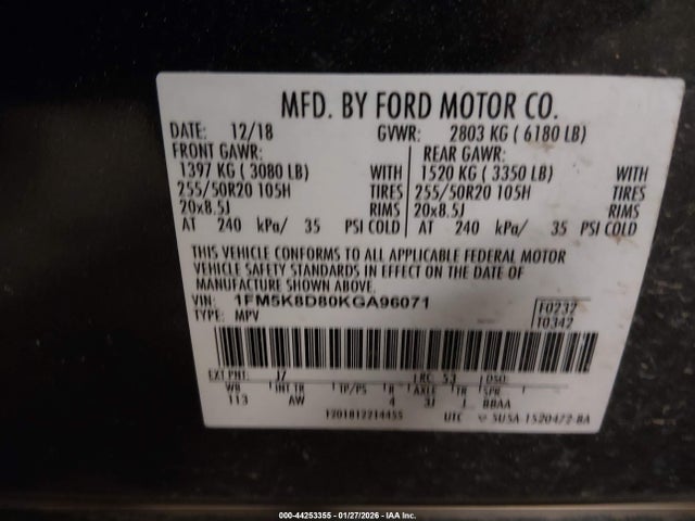 Ford EXPLORER XLT 2019 1FM5K8D80KGA96071 Image 9