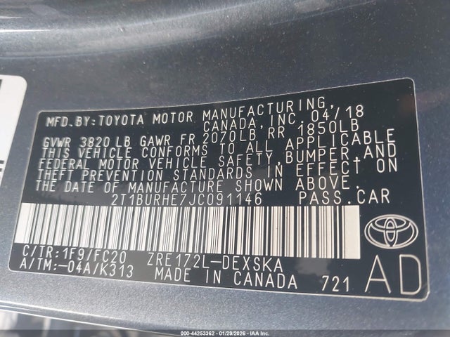 2T1BURHE7JC091146 Toyota COROLLA SE
