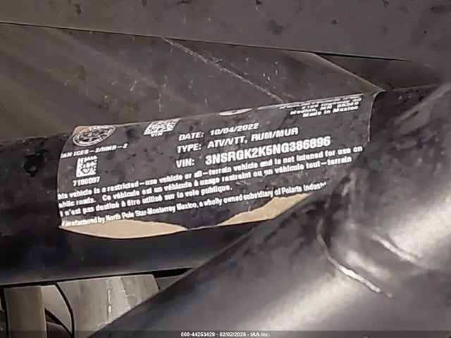 44253429 :رقم المزاد ، 3NSRGK2K5NG386896 vin ، 2022 Polaris Rzr Pro R Premium مزاد بيع