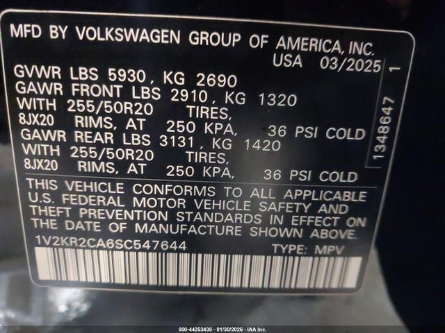 Продажа на аукционе авто 2025 Volkswagen Atlas 2.0t Se W/technology, vin: 1V2KR2CA6SC547644, номер лота: 44253438