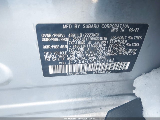 44253668 :رقم المزاد ، JF2SKAEC9NH477144 vin ، 2022 Subaru Forester Premium مزاد بيع