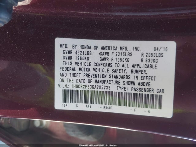 1HGCR2F83GA205233 Honda Accord Ex-l