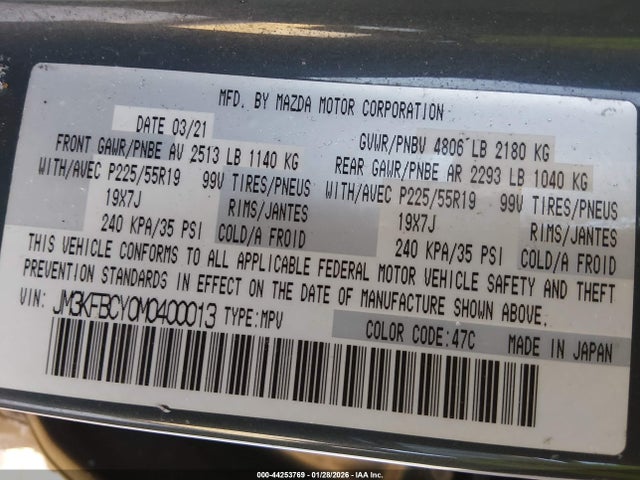 44253769 :رقم المزاد ، JM3KFBCY0M0400013 vin ، 2021 Mazda Cx-5 Carbon Edition Turbo مزاد بيع