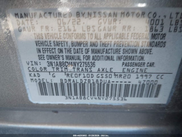 2022 Nissan Sentra Sv Xtronic Cvt მანქანა იყიდება აუქციონზე, vin: 3N1AB8CV4NY275536, აუქციონის ნომერი: 44253802