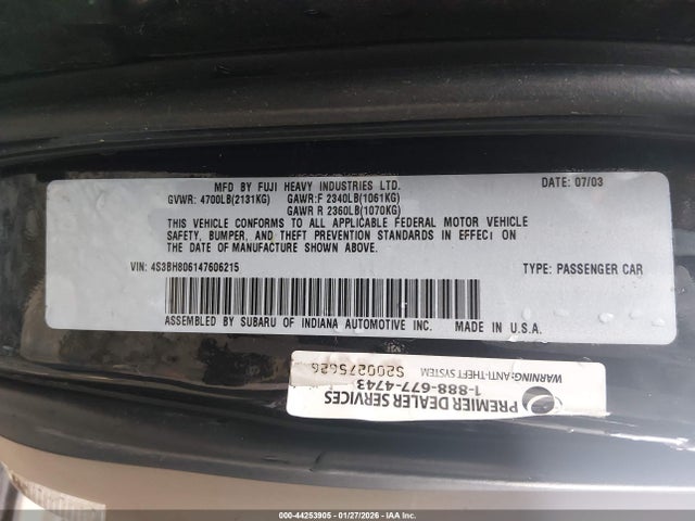 Продаж на аукціоні авто 2004 Subaru Outback H6-3.0 L.l. Bean Edition, vin: 4S3BH806147606215, номер лоту: 44253905
