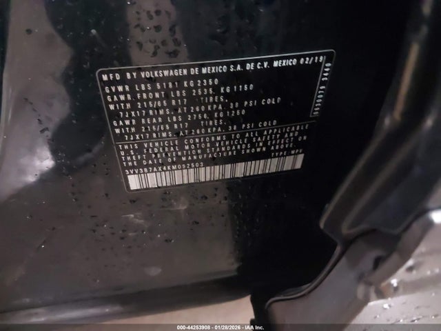 44253908 :رقم المزاد ، 3VV3B7AX4KM092503 vin ، 2019 Volkswagen Tiguan 2.0t Se/2.0t Sel/2.0t Sel R-line/2.0t Sel R-line Black مزاد بيع