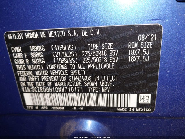 3CZRU6H10NM710171 Honda Hr-v Awd Sport