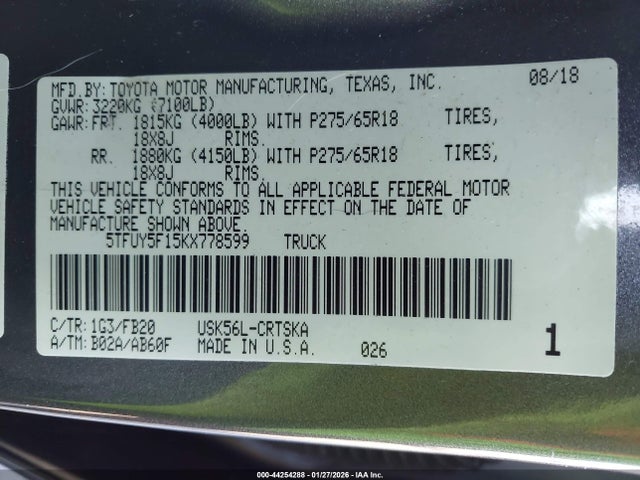 2019 TOYOTA TUNDRA 5TFUY5F15KX778599 Photo 8