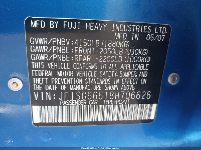 Aukcja sprzedaży 2008 Subaru Forester Sports 2.5x, vin: JF1SG66618H706626, numer aukcji: 44254291