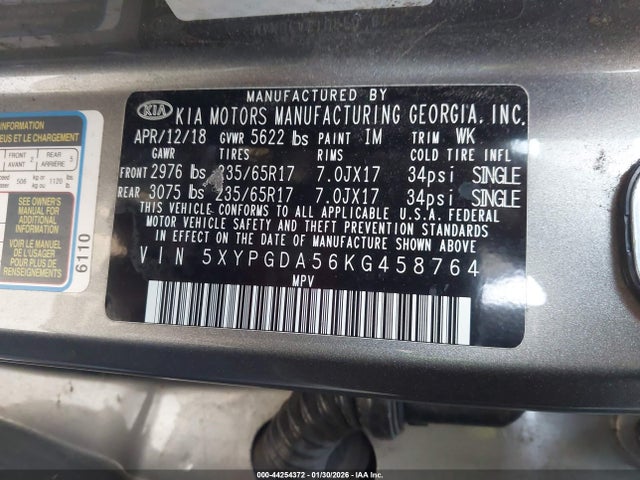 5XYPGDA56KG458764 KIA Sorento 3.3l Lx