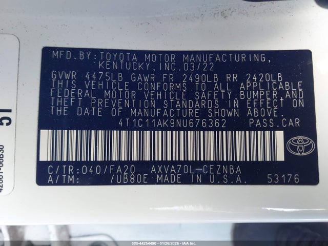 4T1C11AK9NU676362 Toyota CAMRY LE